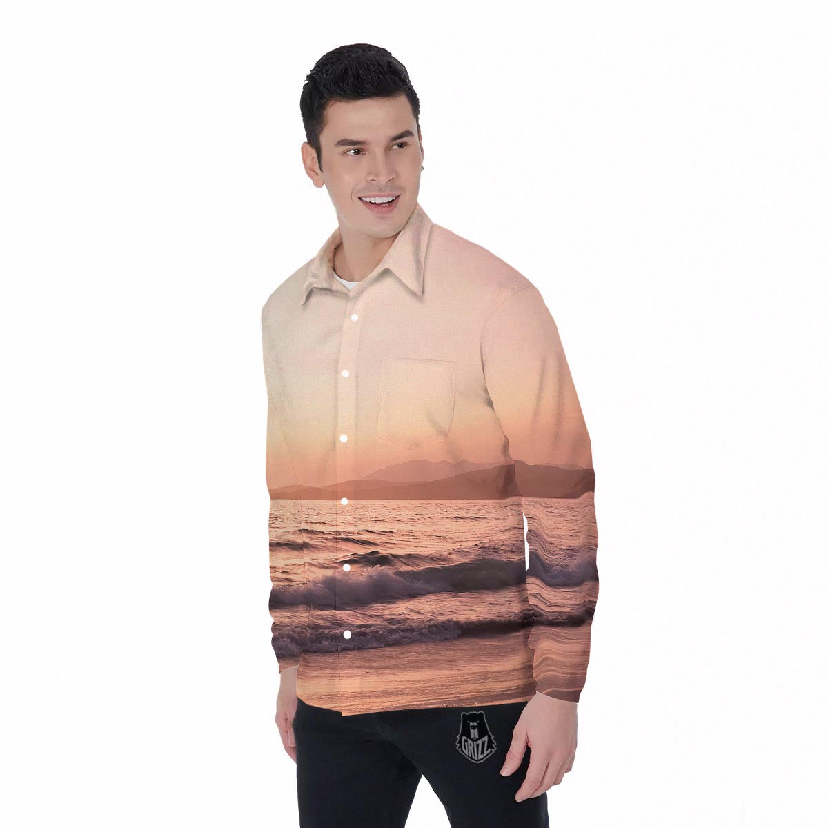 Wave Sunrise Print Men's Long Sleeve Shirts-grizzshop