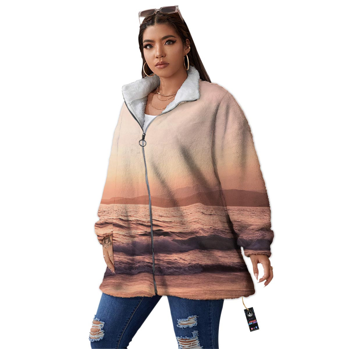 Wave Sunrise Print Women's Sherpa Jacket-grizzshop