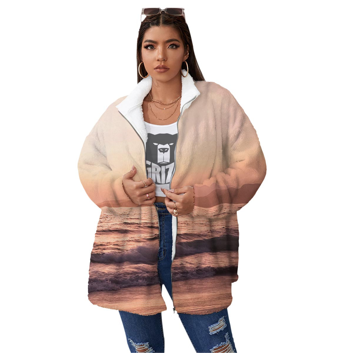 Wave Sunrise Print Women's Sherpa Jacket-grizzshop
