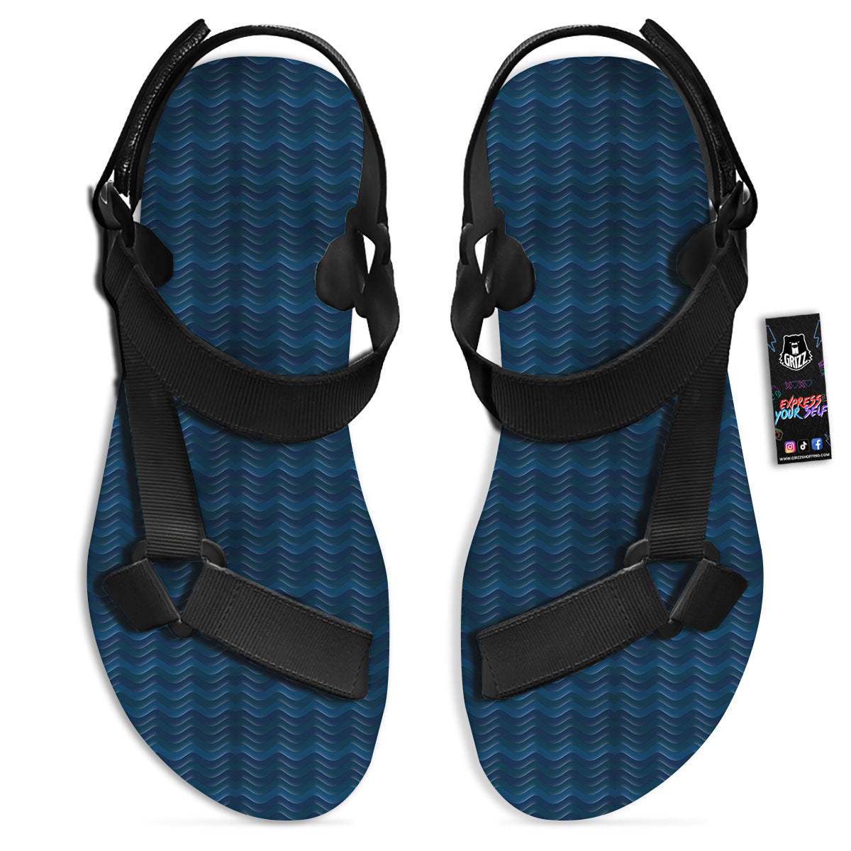 Wave Surfing Deep Sea Print Pattern Black Open Toe Sandals-grizzshop
