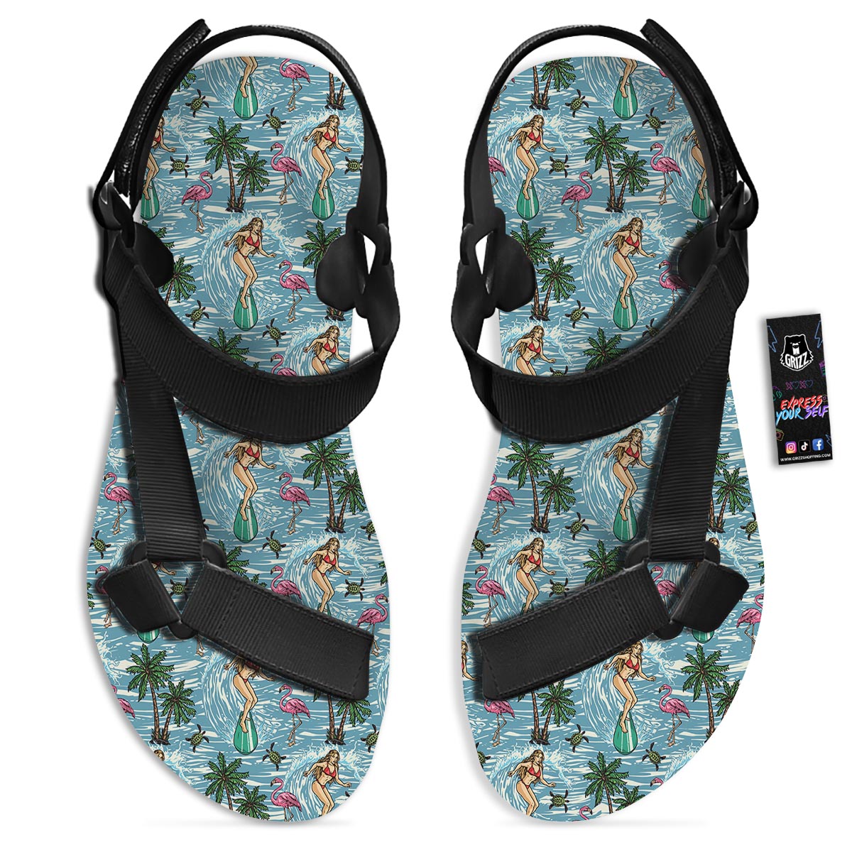 Wave Surfing Print Pattern Black Open Toe Sandals-grizzshop