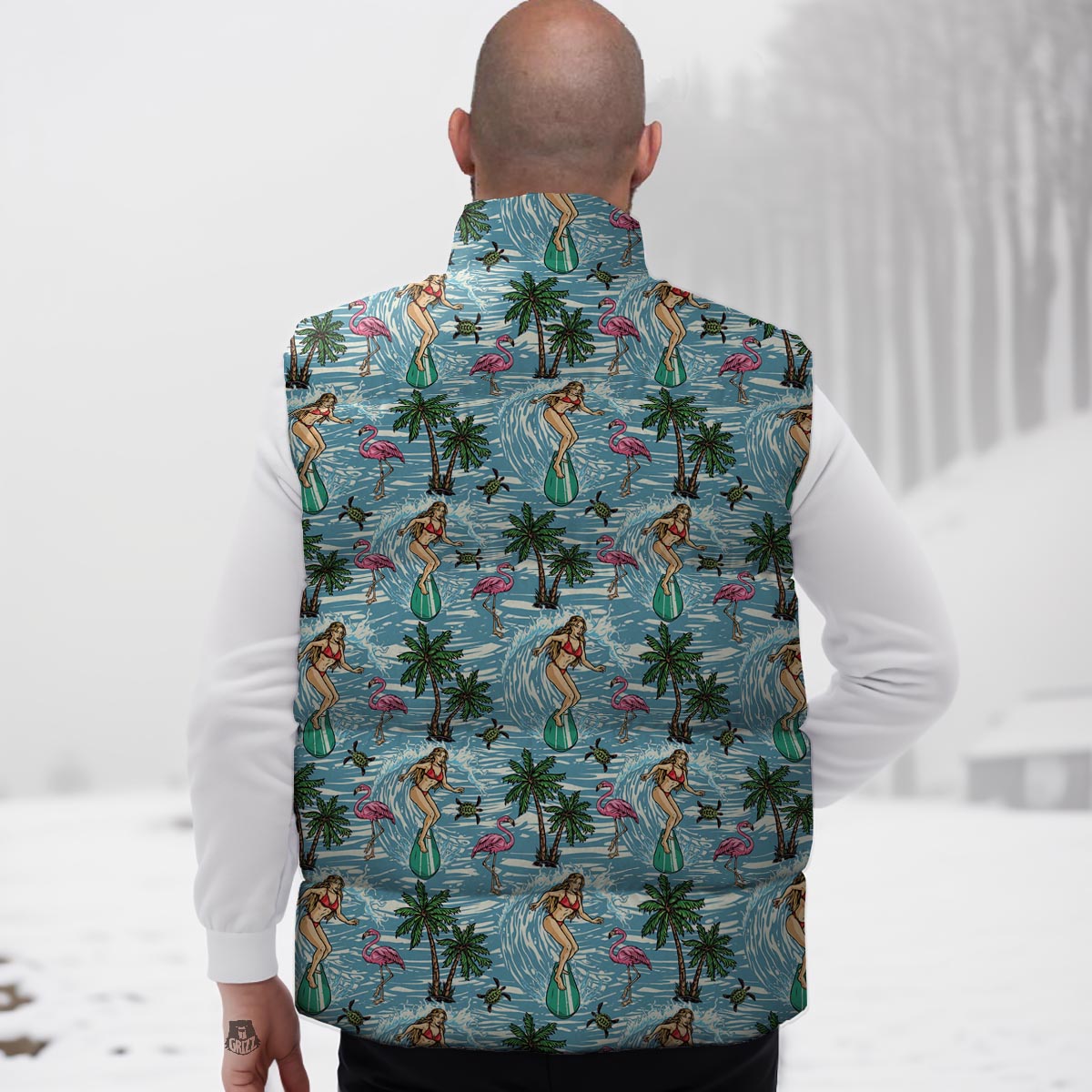 Wave Surfing Print Pattern Down Vest-grizzshop