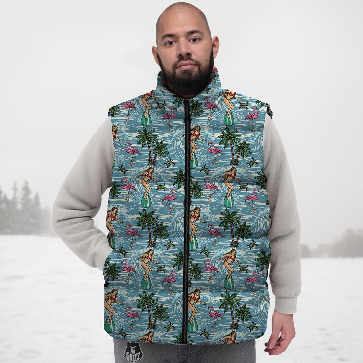 Wave Surfing Print Pattern Down Vest-grizzshop
