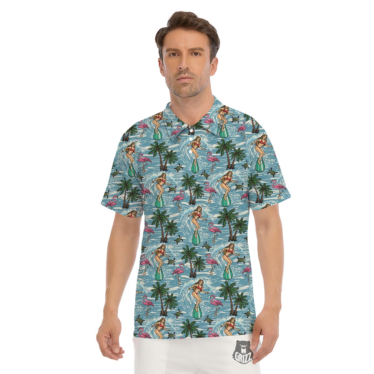Wave Surfing Print Pattern Men's Golf Shirts-grizzshop