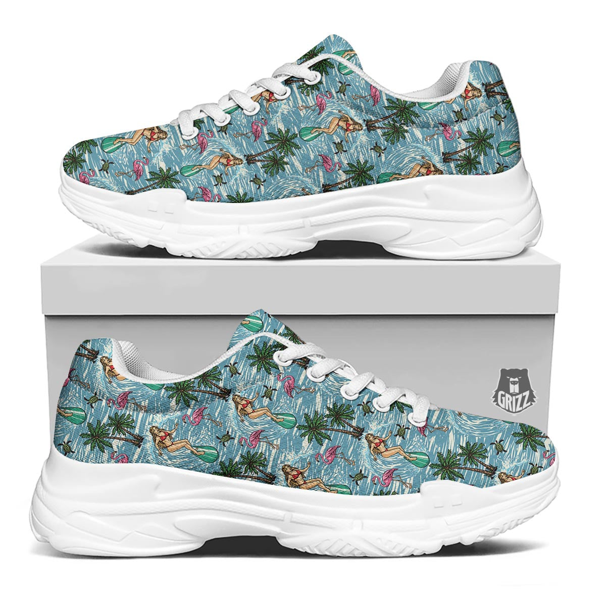 Wave Surfing Print Pattern White Chunky Shoes-grizzshop