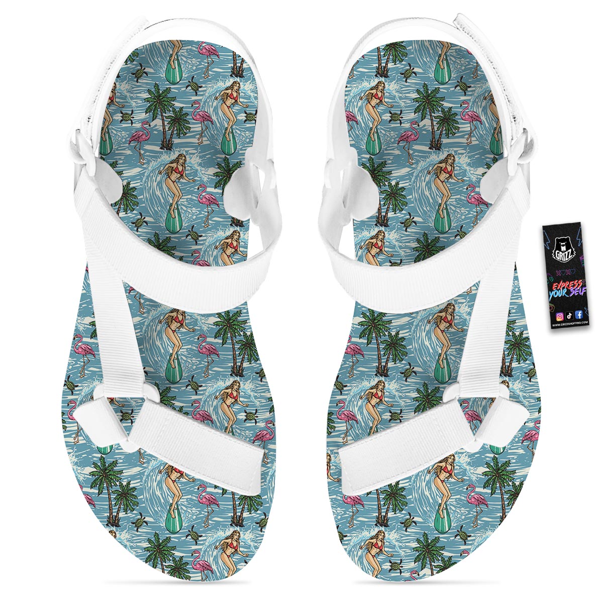 Wave Surfing Print Pattern White Open Toe Sandals-grizzshop