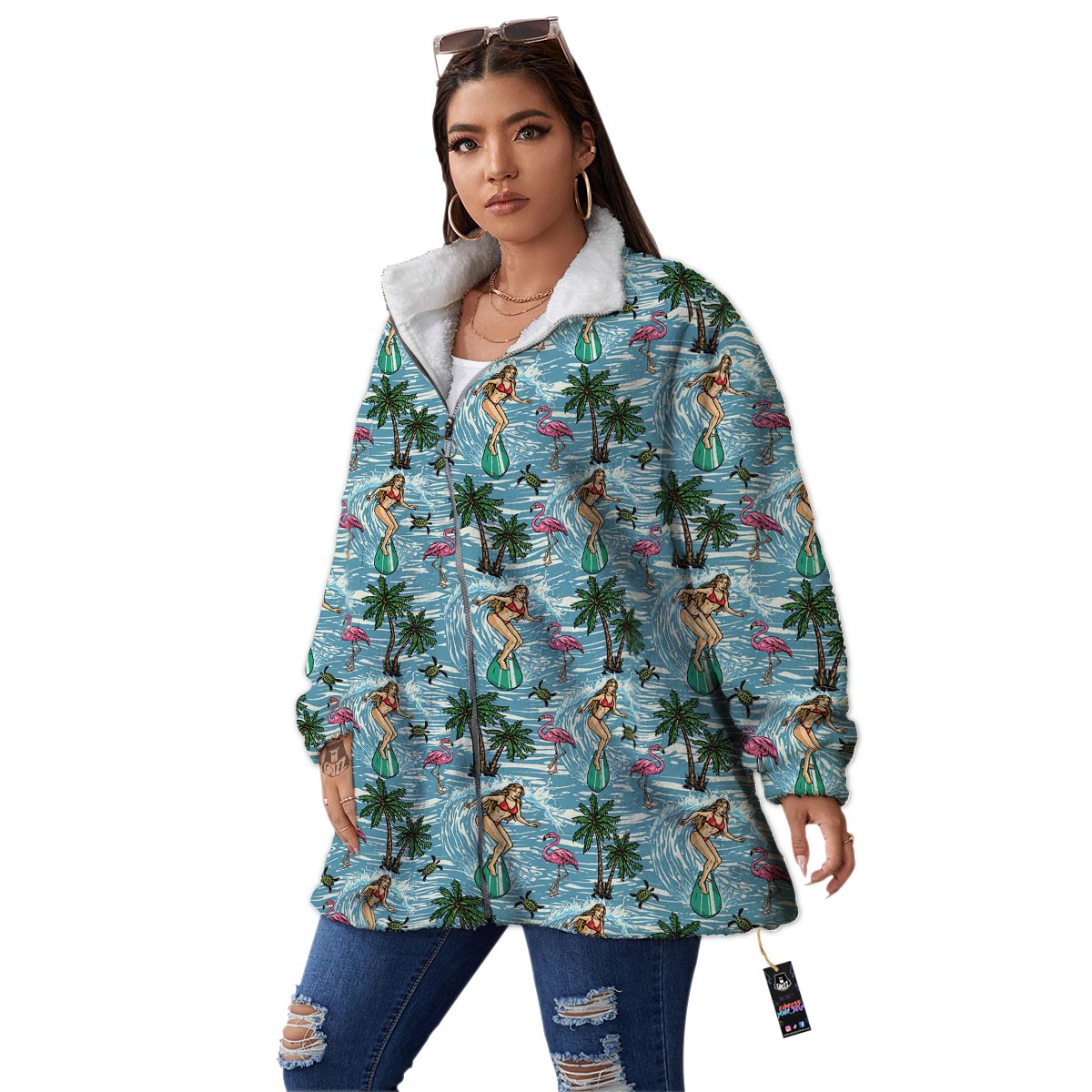 Wave Surfing Print Pattern Women's Sherpa Jacket-grizzshop
