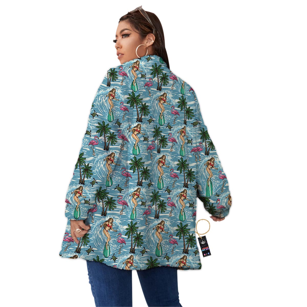 Wave Surfing Print Pattern Women's Sherpa Jacket-grizzshop
