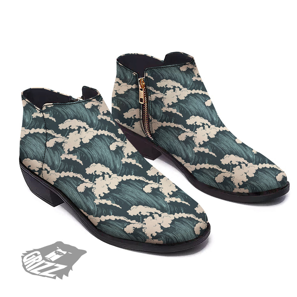 Wave Water Print Pattern Ankle Boots-grizzshop