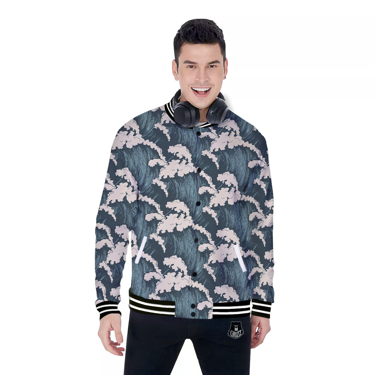 Wave Water Print Pattern Baseball Jacket-grizzshop