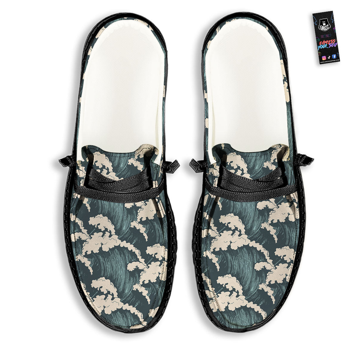 Wave Water Print Pattern Black Loafers-grizzshop