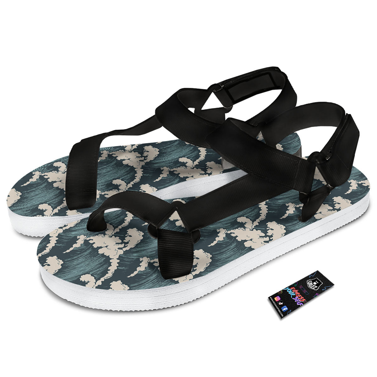 Wave Water Print Pattern Black Open Toe Sandals-grizzshop
