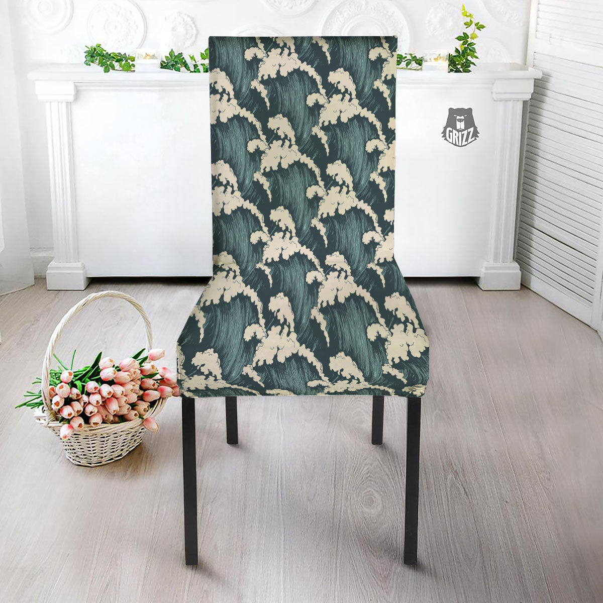 Wave Water Print Pattern Dining Chair Slipcover-grizzshop