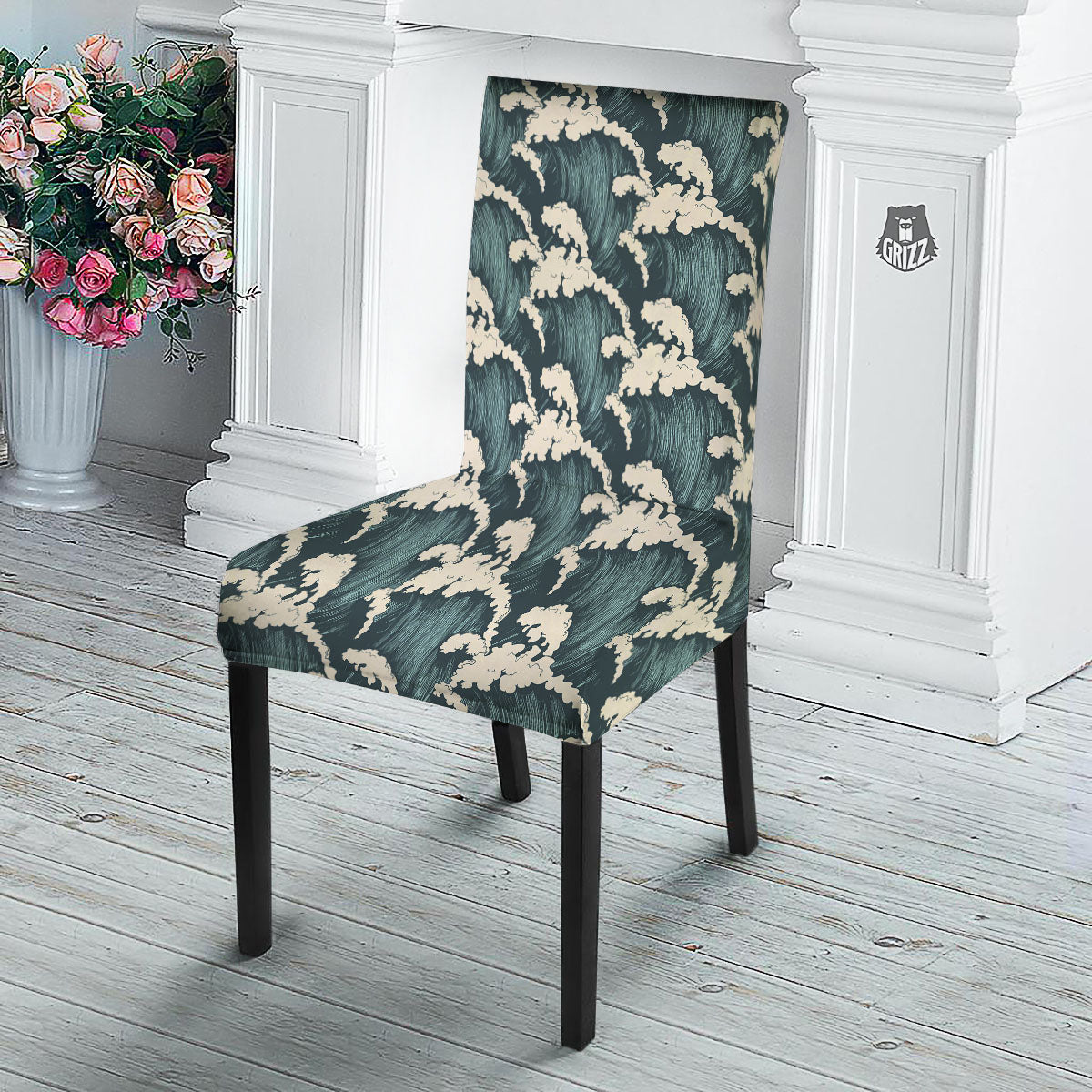 Wave Water Print Pattern Dining Chair Slipcover-grizzshop