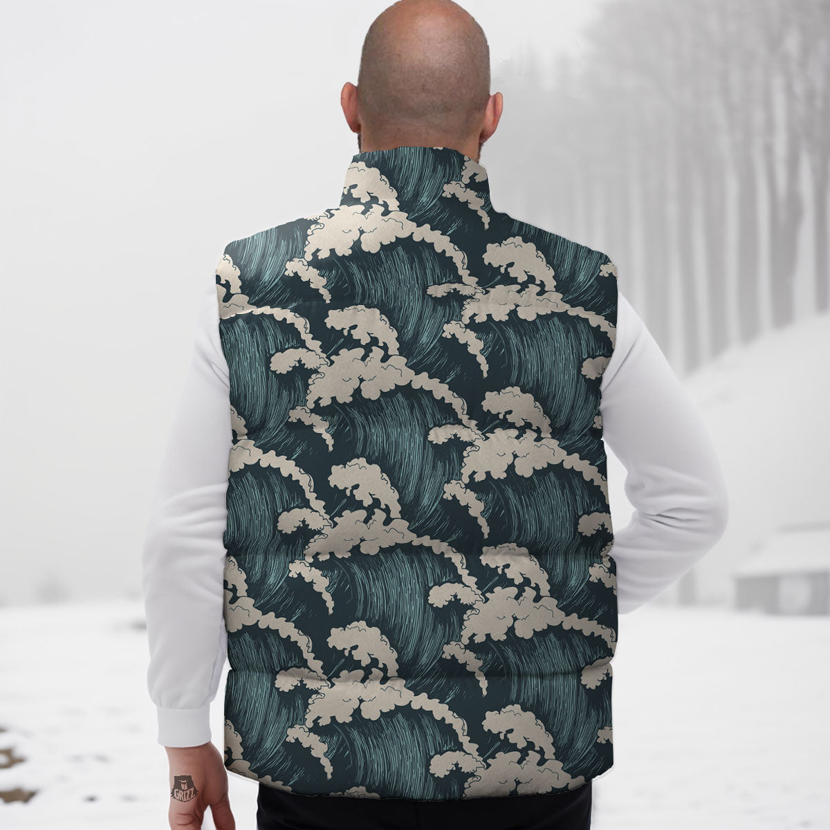 Wave Water Print Pattern Down Vest-grizzshop