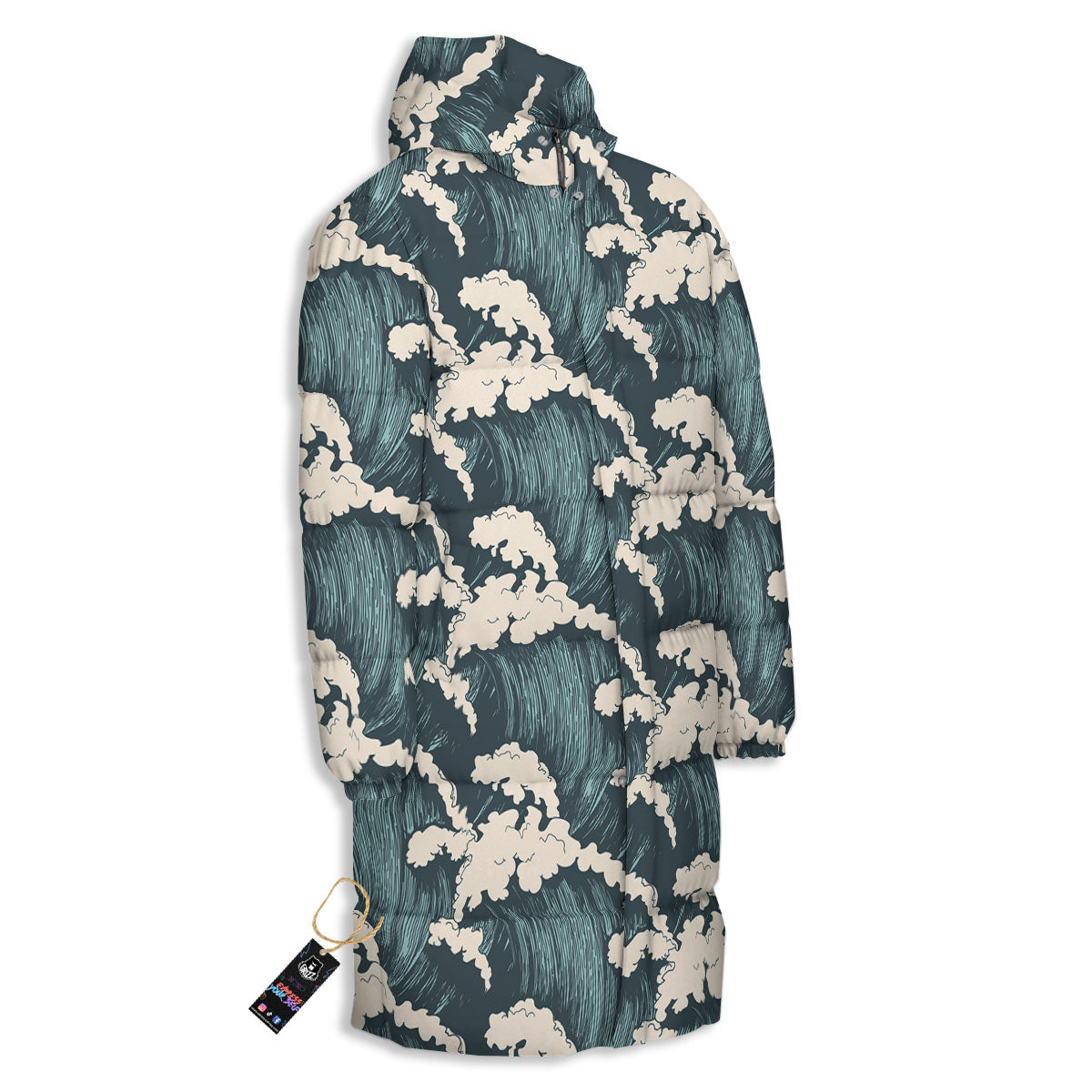 Wave Water Print Pattern Long Down Jacket-grizzshop