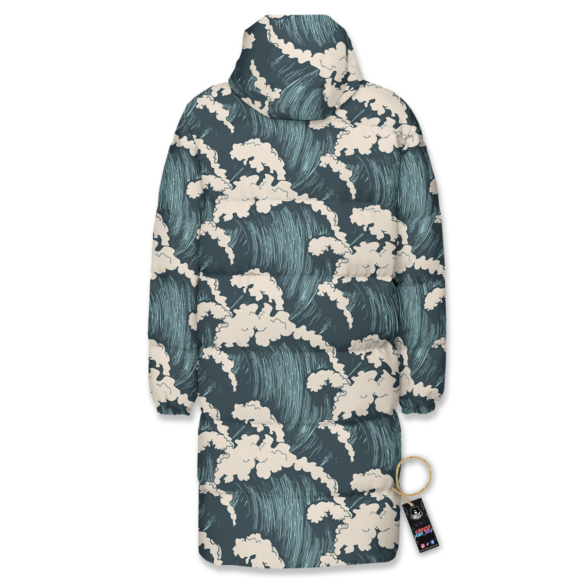 Wave Water Print Pattern Long Down Jacket-grizzshop