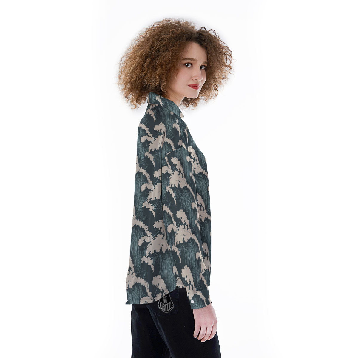 Wave Water Print Pattern Women's Long Sleeve Shirts-grizzshop