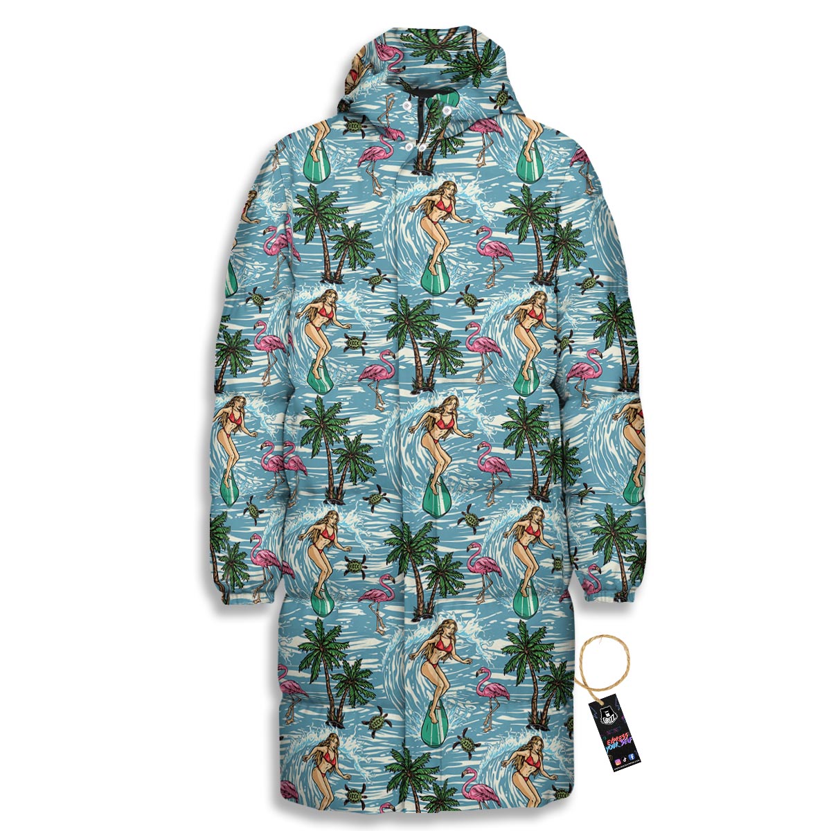 Wave Surfing Print Pattern Long Down Jacket