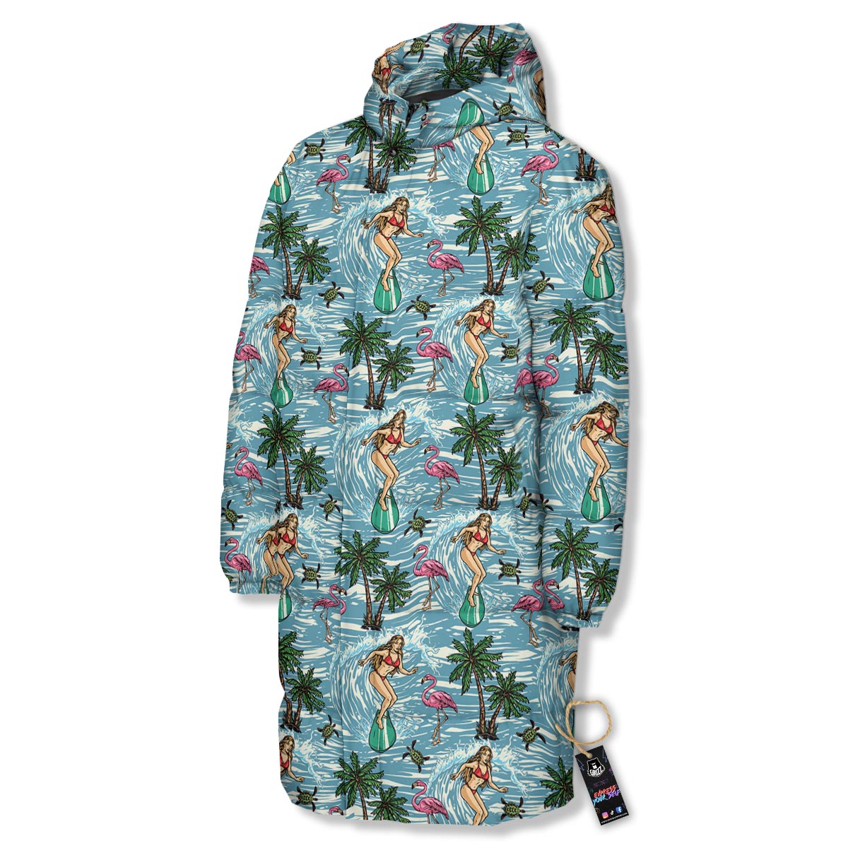 Wave Surfing Print Pattern Long Down Jacket