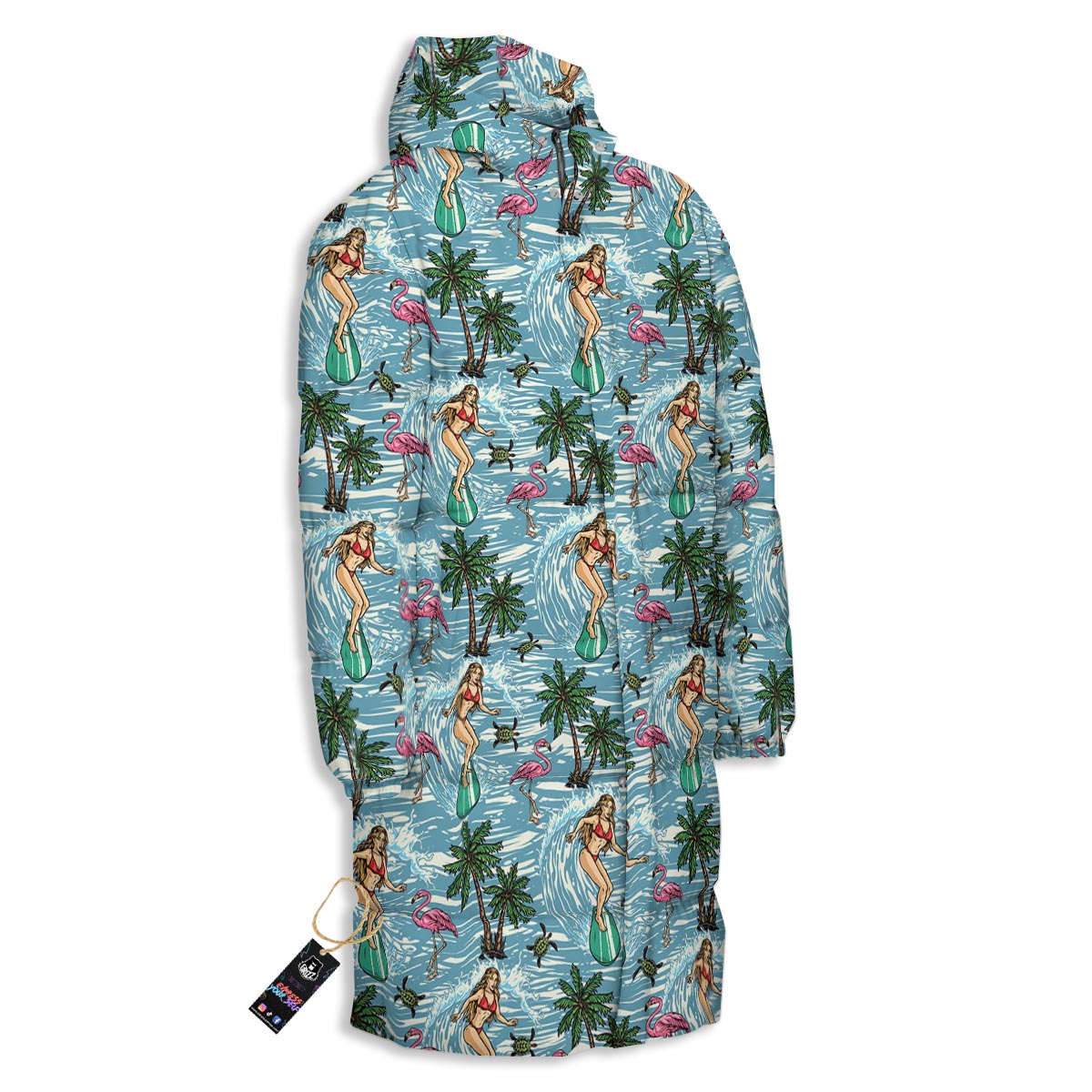 Wave Surfing Print Pattern Long Down Jacket