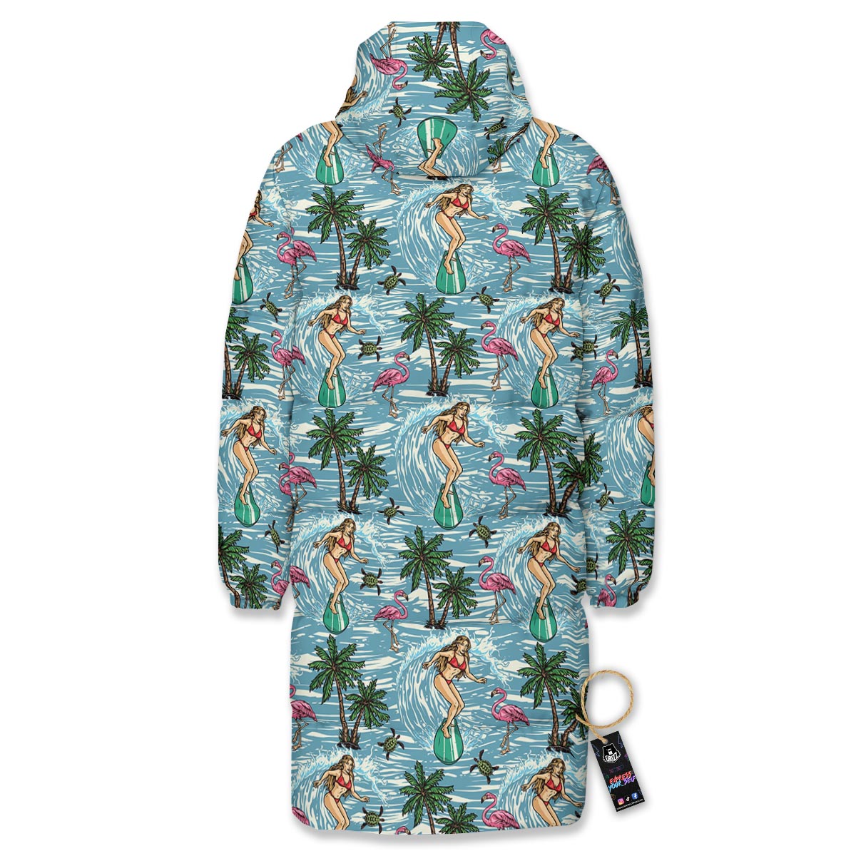 Wave Surfing Print Pattern Long Down Jacket