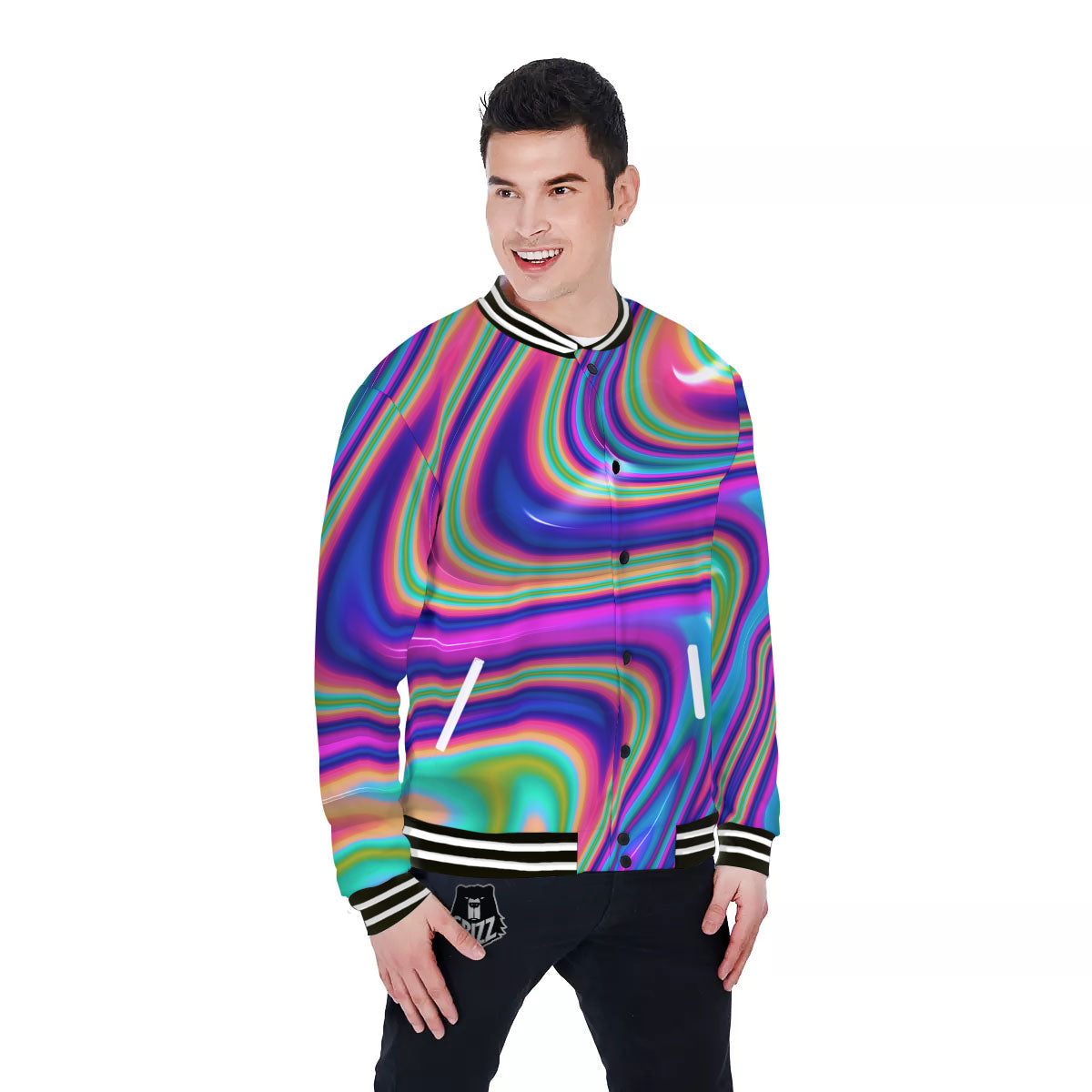 Waves Holographic Print Baseball Jacket-grizzshop
