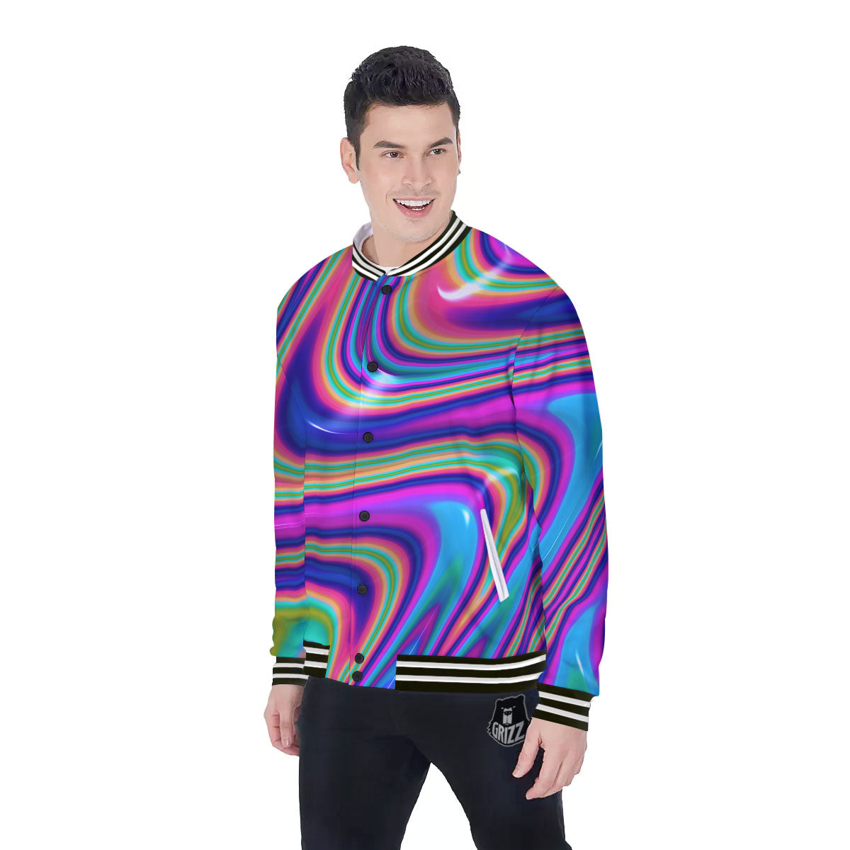 Waves Holographic Print Baseball Jacket-grizzshop