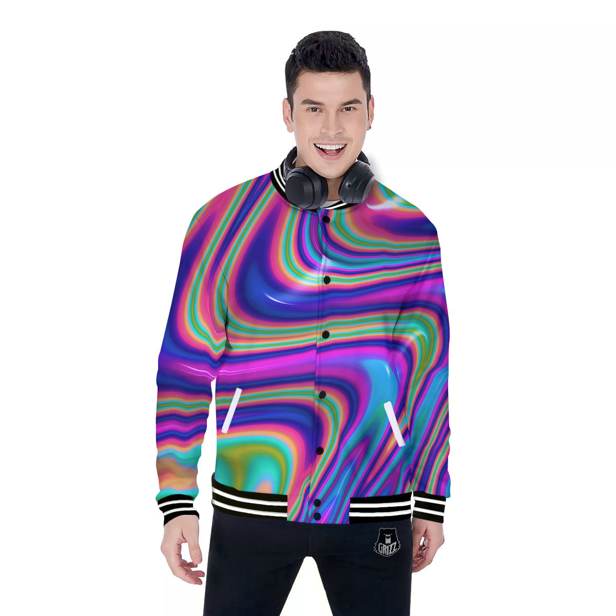 Waves Holographic Print Baseball Jacket-grizzshop