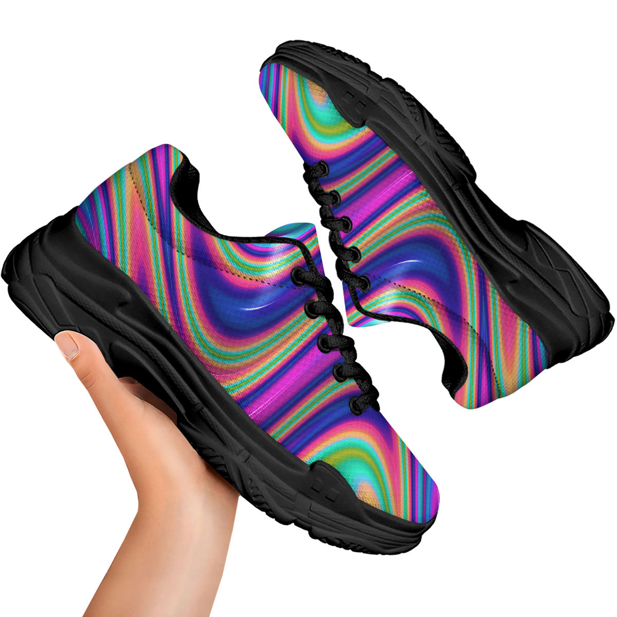 Waves Holographic Print Black Chunky Shoes-grizzshop
