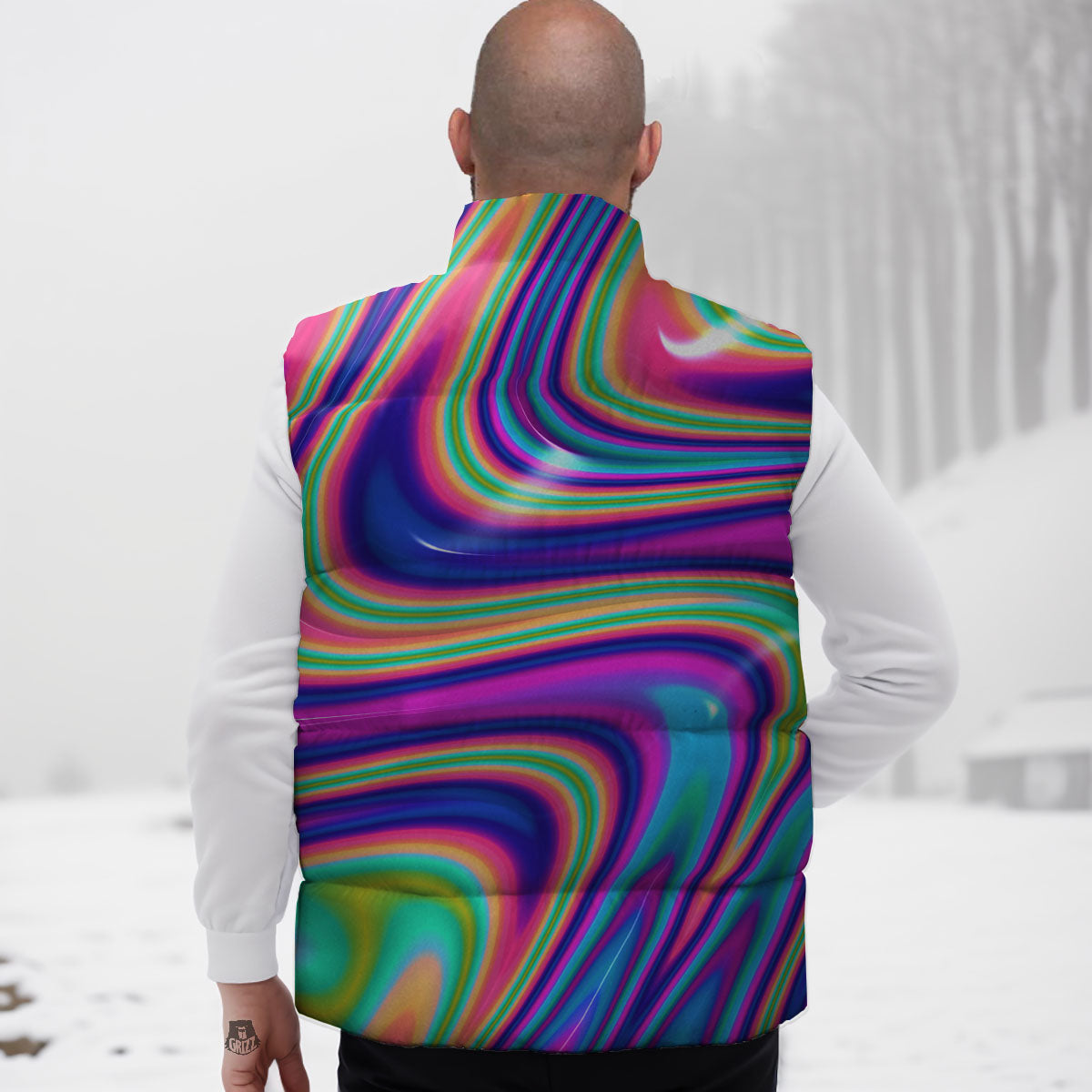Waves Holographic Print Down Vest-grizzshop