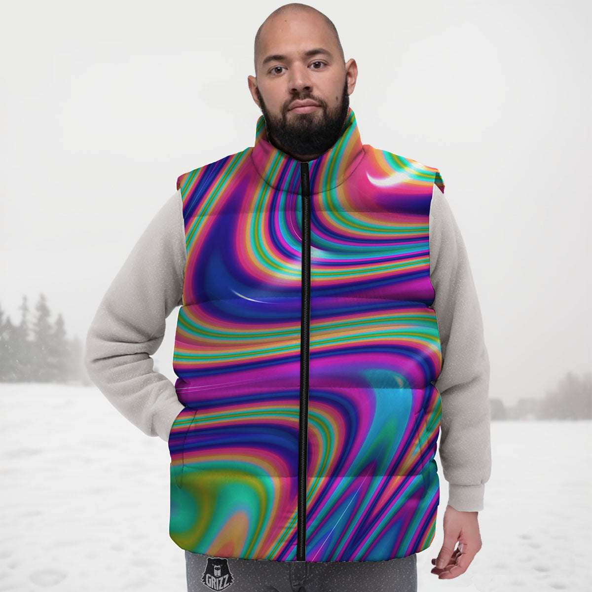 Waves Holographic Print Down Vest-grizzshop