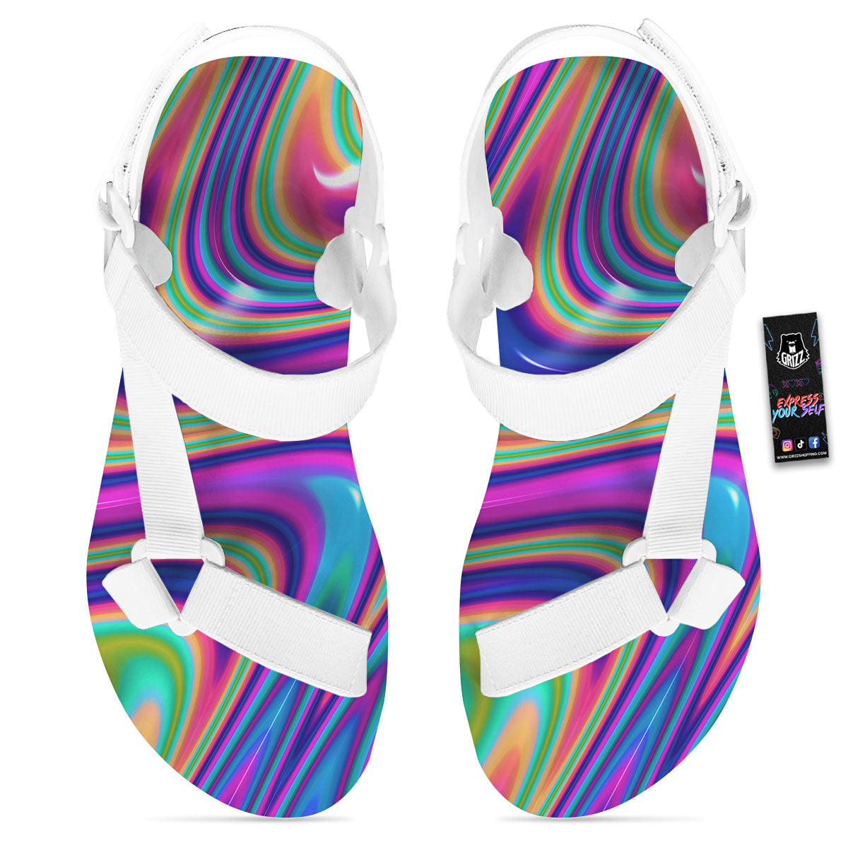 Waves Holographic Print White Open Toe Sandals-grizzshop