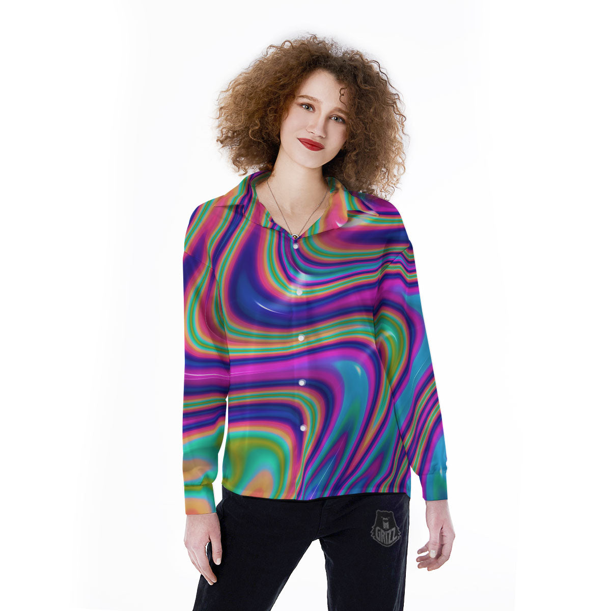 Waves Holographic Print Women's Long Sleeve Shirts-grizzshop