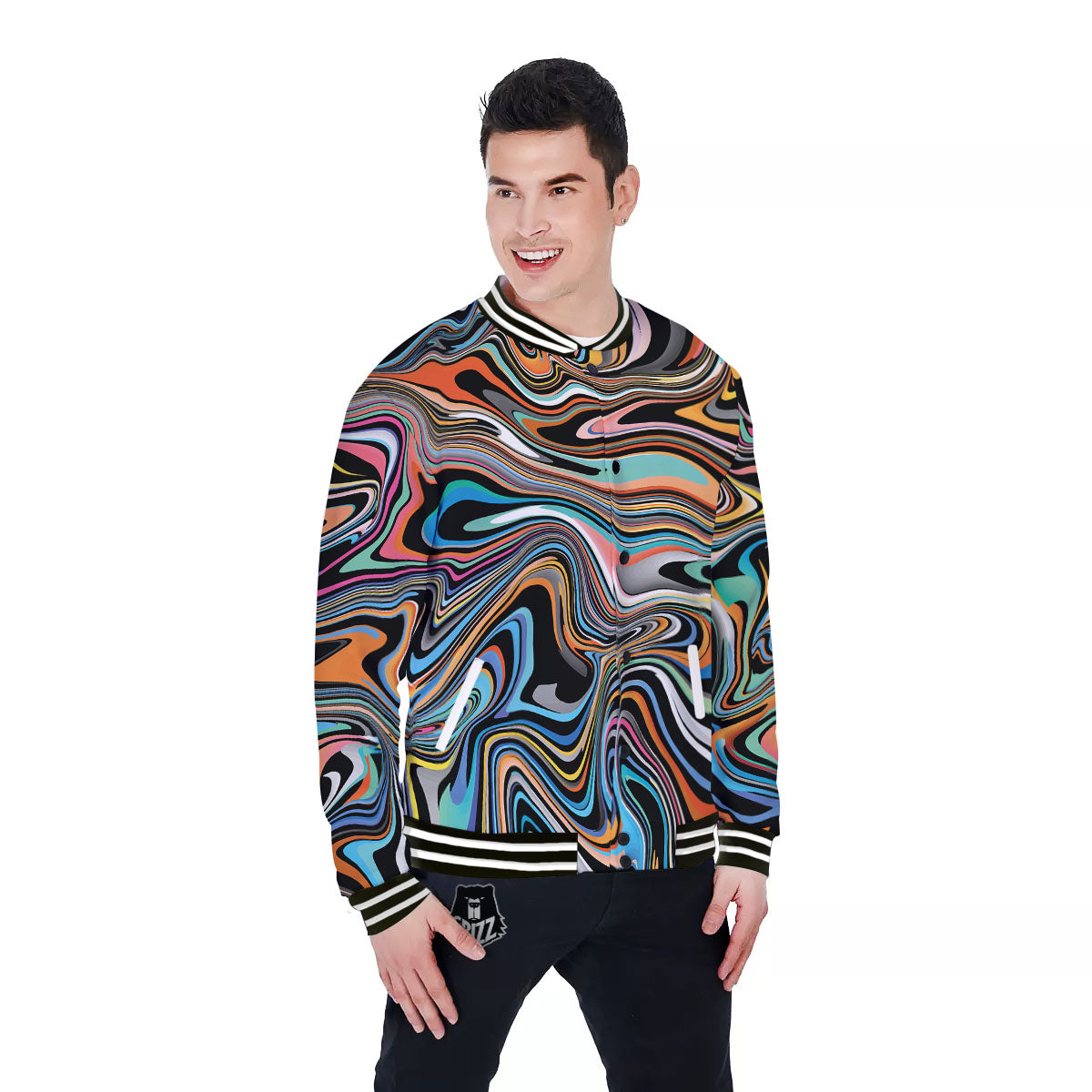 Wavy Psychedelic Print Pattern Baseball Jacket-grizzshop