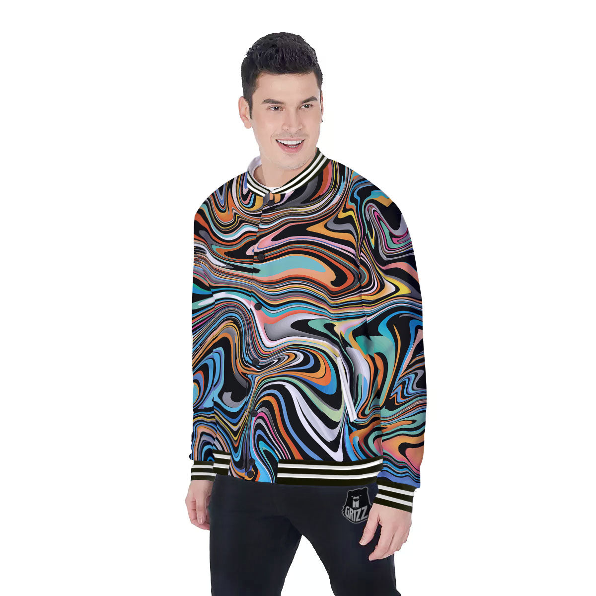 Wavy Psychedelic Print Pattern Baseball Jacket-grizzshop