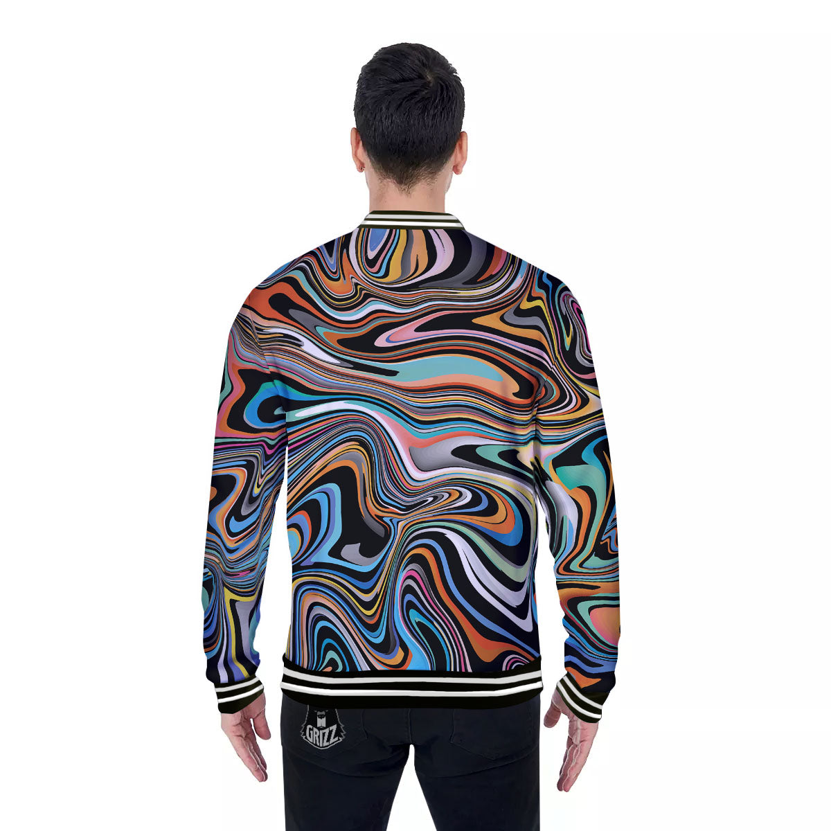 Wavy Psychedelic Print Pattern Baseball Jacket-grizzshop