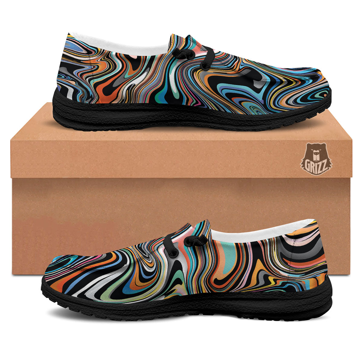Wavy Psychedelic Print Pattern Black Loafers-grizzshop