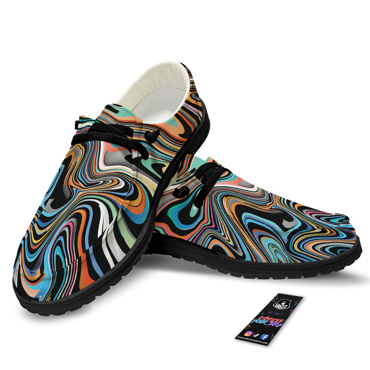 Wavy Psychedelic Print Pattern Black Loafers-grizzshop