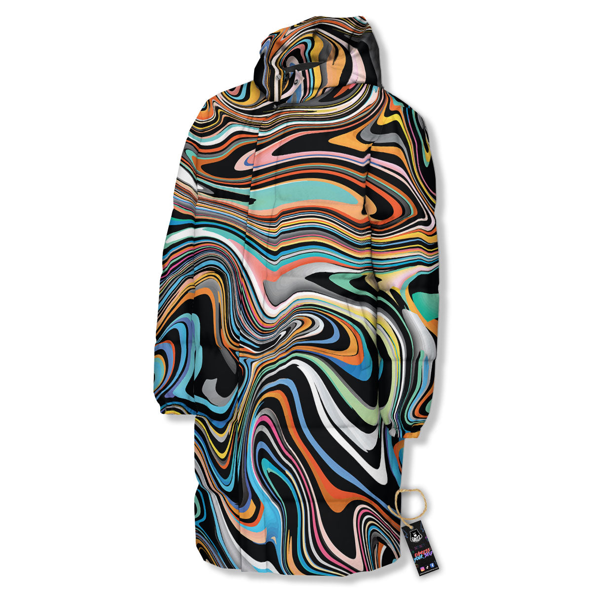 Wavy Psychedelic Print Pattern Long Down Jacket-grizzshop
