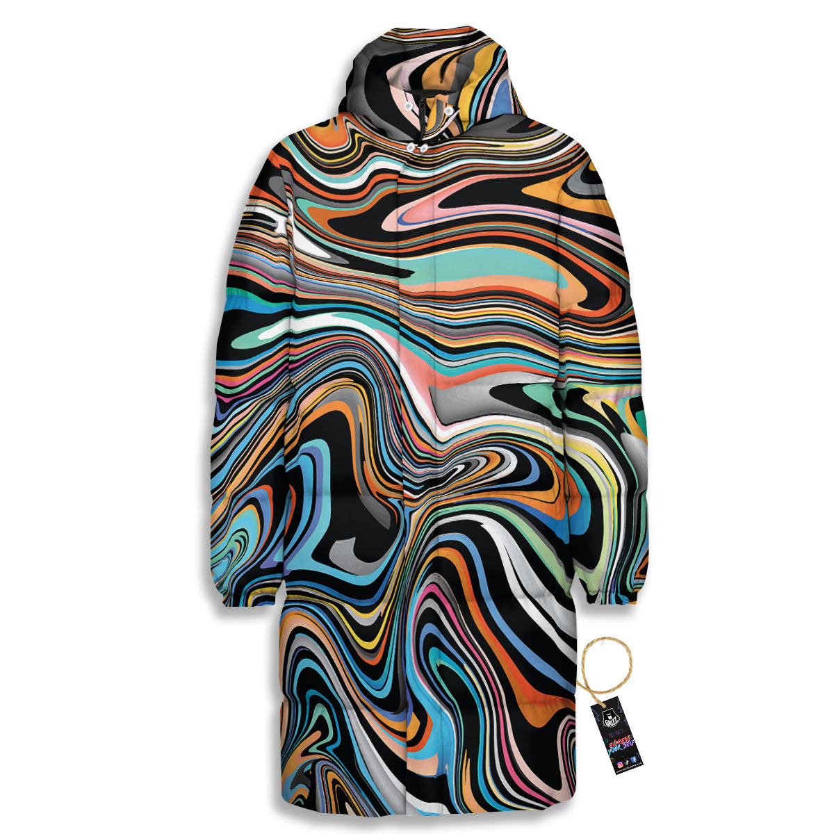 Wavy Psychedelic Print Pattern Long Down Jacket-grizzshop