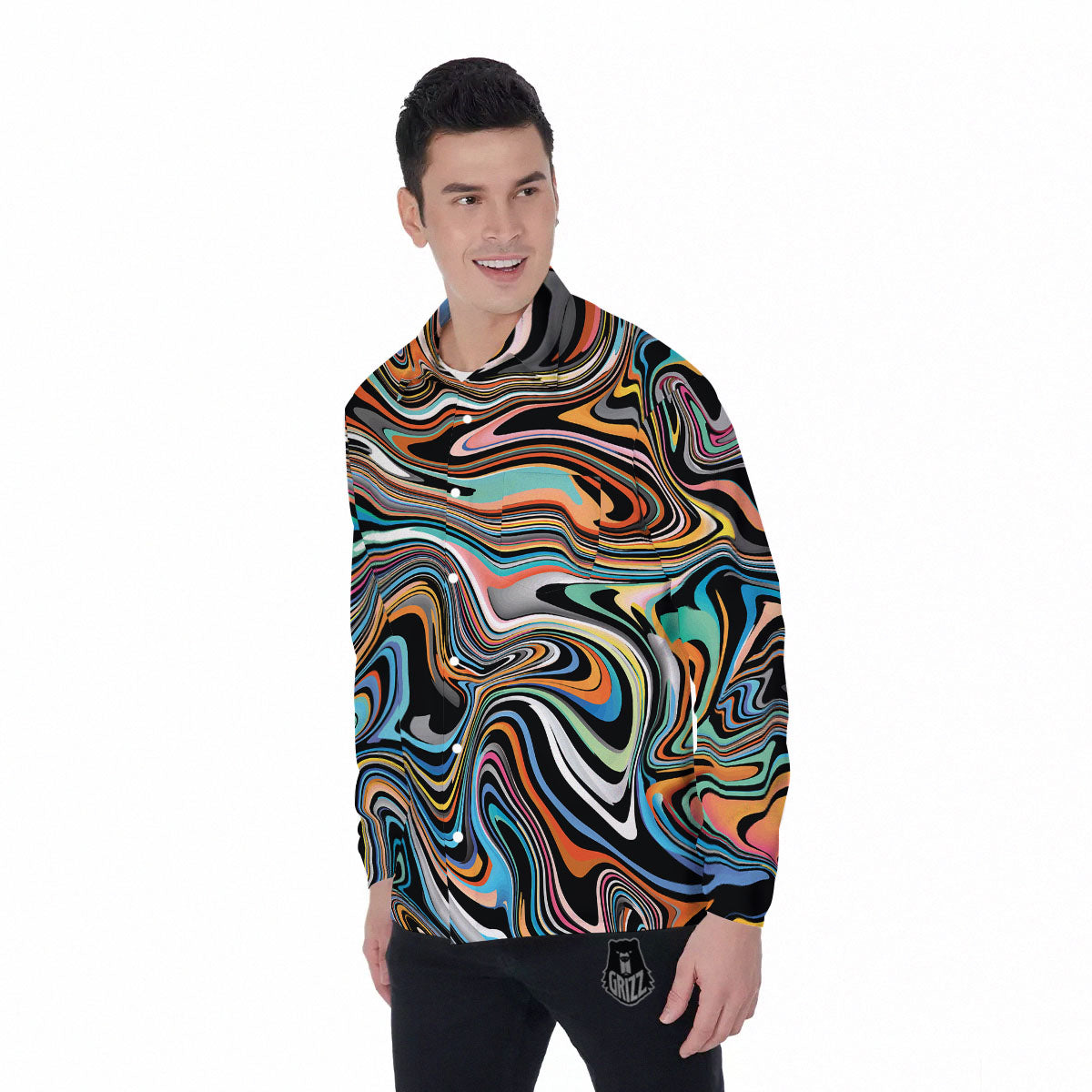 Wavy Psychedelic Print Pattern Men's Long Sleeve Shirts-grizzshop