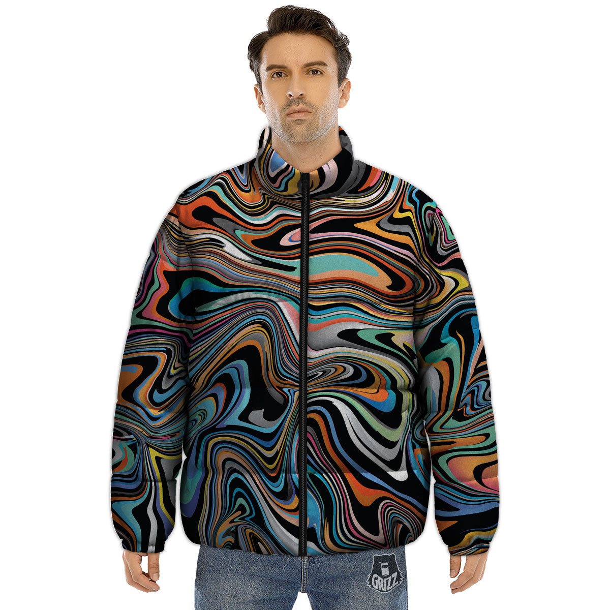 Wavy Psychedelic Print Pattern Puffer Jacket-grizzshop