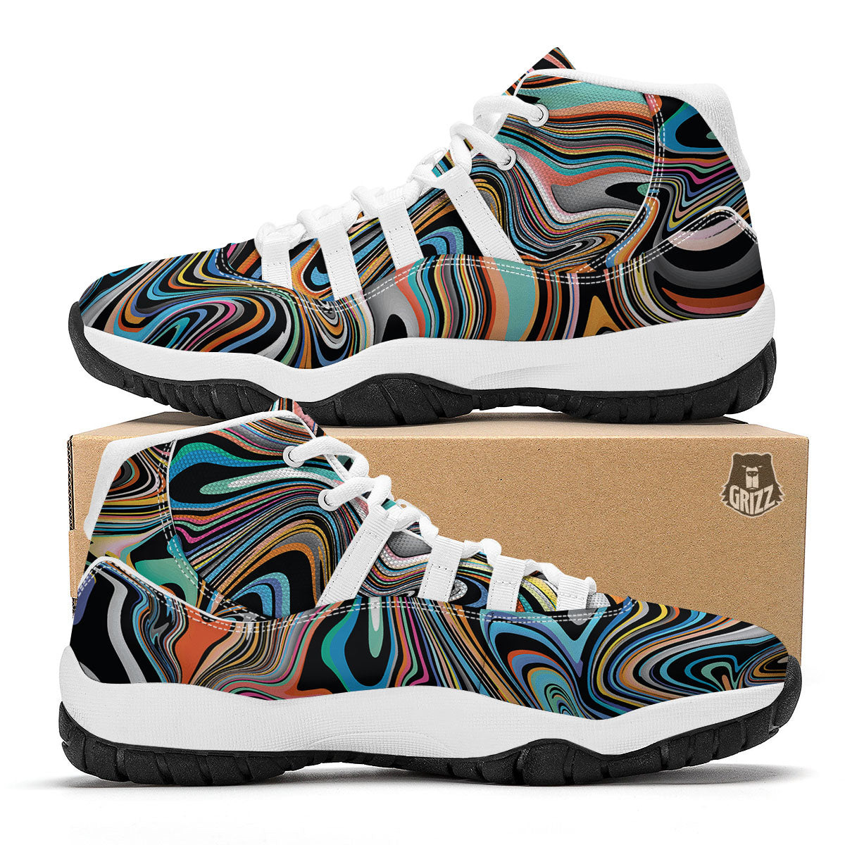 Wavy Psychedelic Print Pattern White Bball Shoes-grizzshop