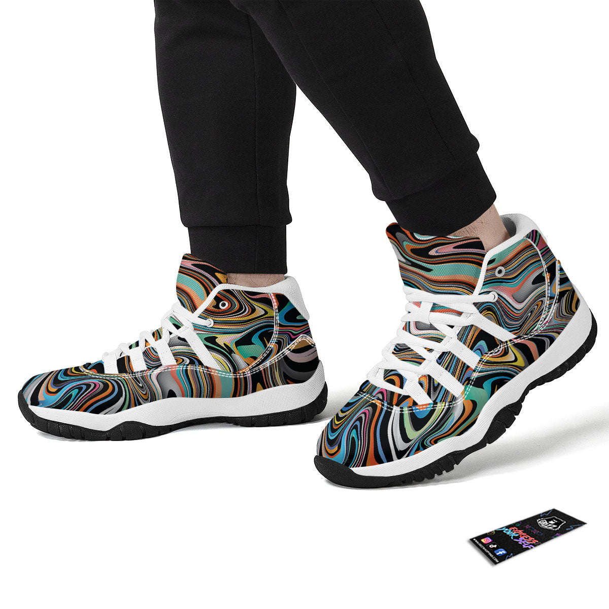 Wavy Psychedelic Print Pattern White Bball Shoes-grizzshop