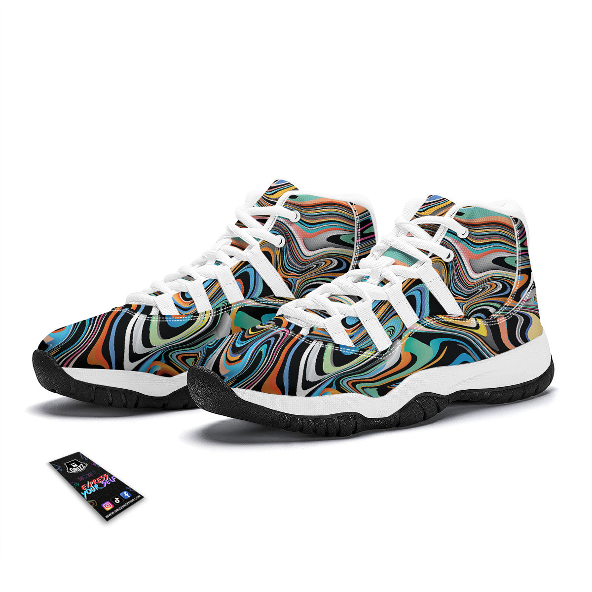 Wavy Psychedelic Print Pattern White Bball Shoes-grizzshop