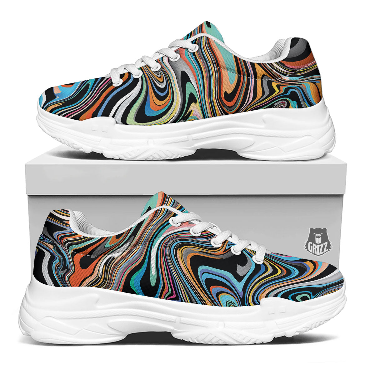 Wavy Psychedelic Print Pattern White Chunky Shoes-grizzshop