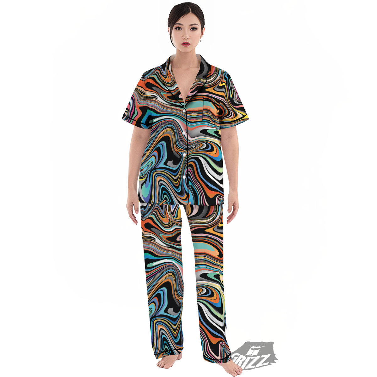 Wavy Psychedelic Print Pattern Women's Pajamas Set-grizzshop