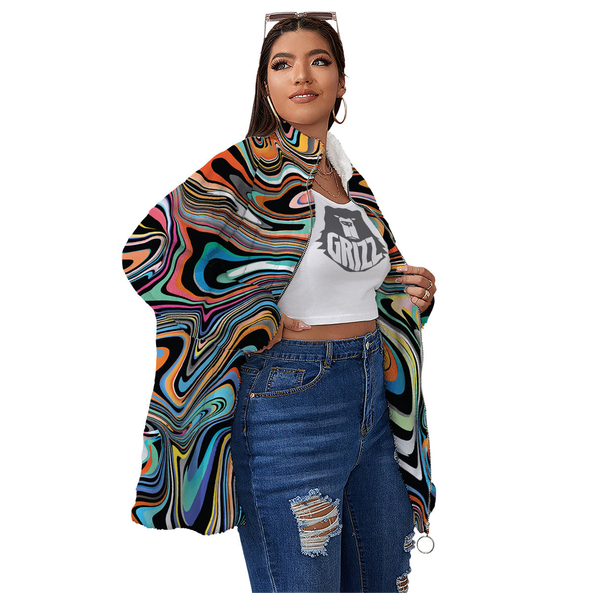 Wavy Psychedelic Print Pattern Women's Sherpa Jacket-grizzshop