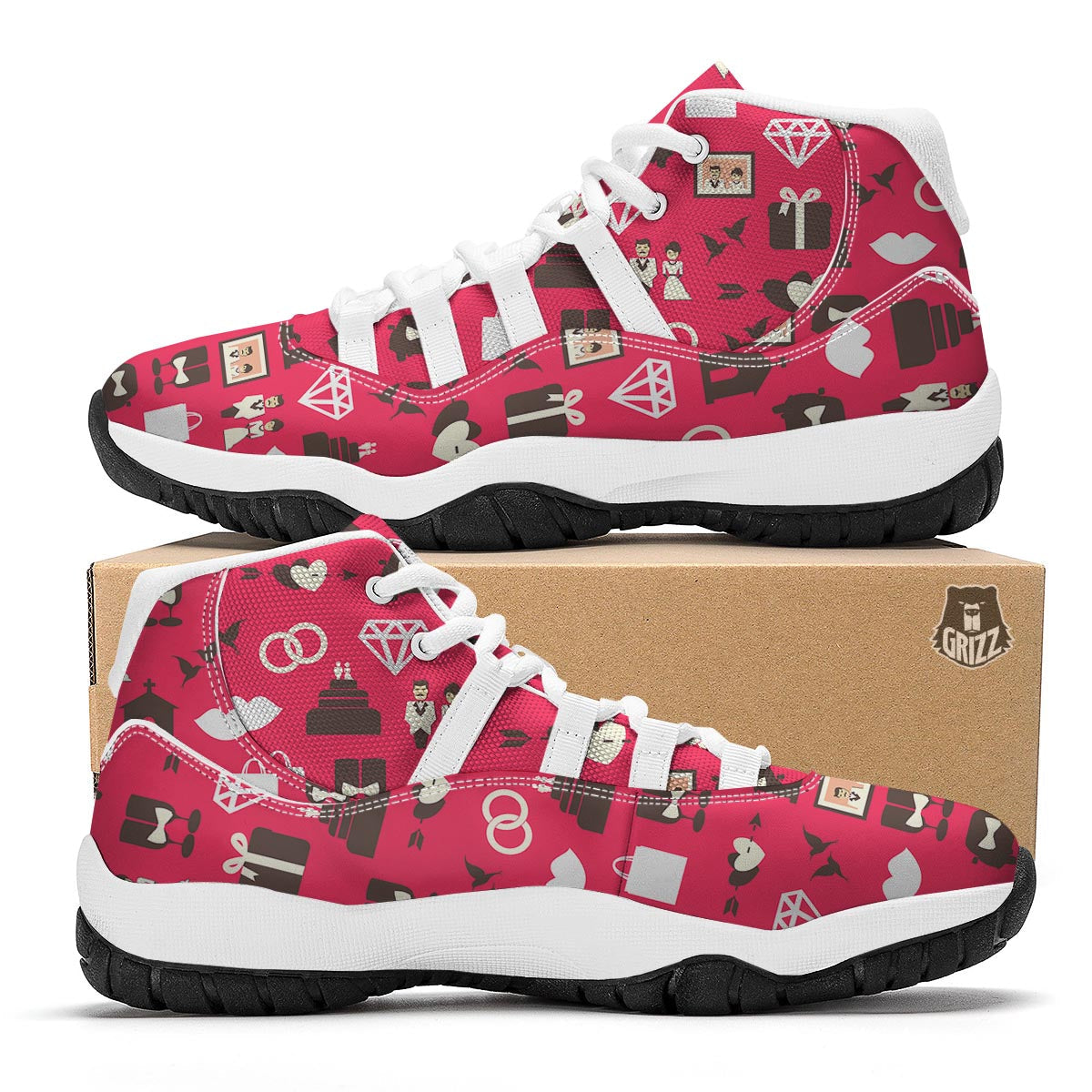Wedding Pink Print Pattern White Bball Shoes-grizzshop